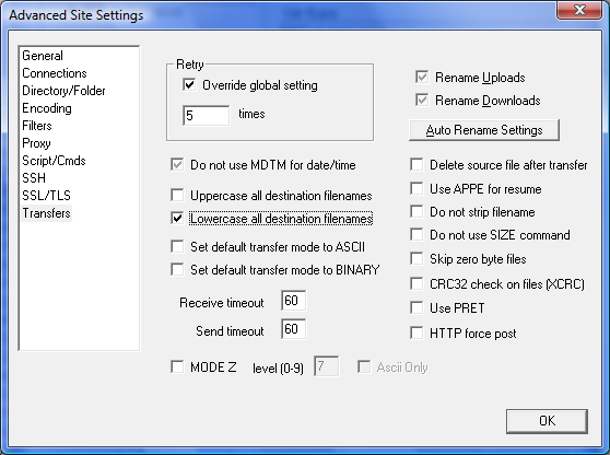 Core FTP Advanced Site Settings